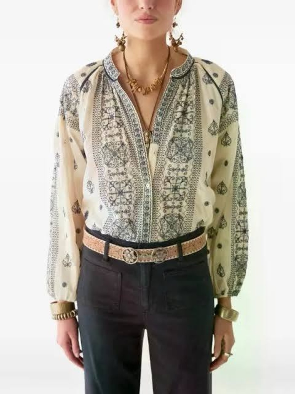 Free People Cream and Black Printed Peasant Blouse